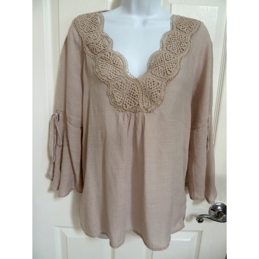 SPENSE Women Small Beige V-Neck Split Tie Sleeve Lace Peasant Blouse
